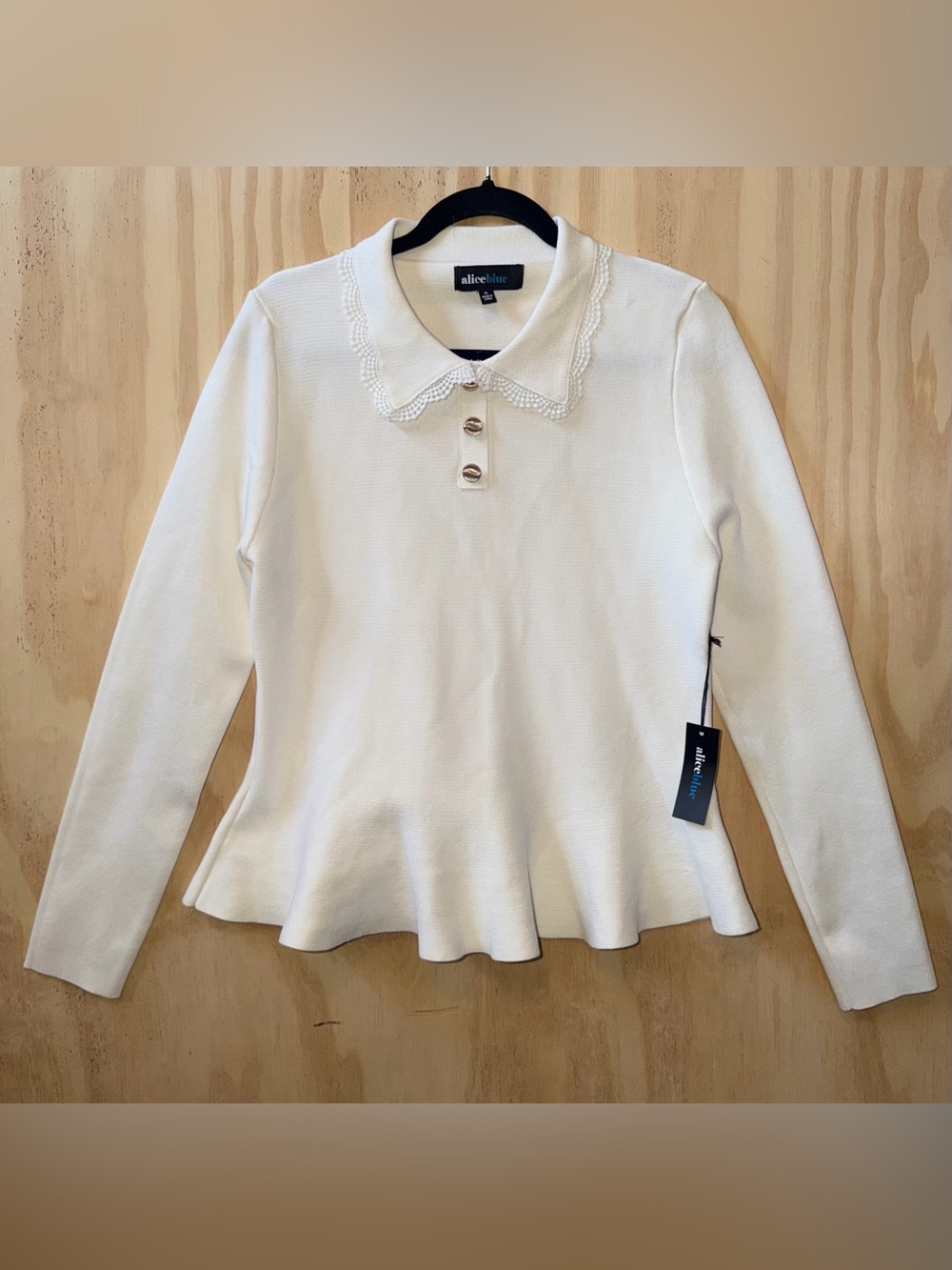 XL NWT Alice Blue Cream Lace-Collar Peplum Sweater Ruffled Preppy Chic